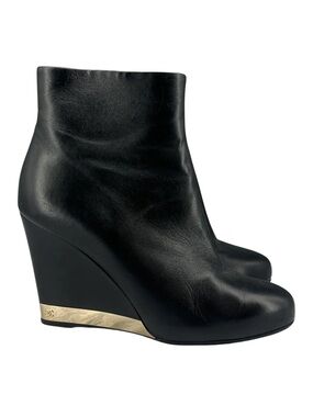 Chanel Black Lambskin Leather Wedge Ankle Boots Gold CC Trim